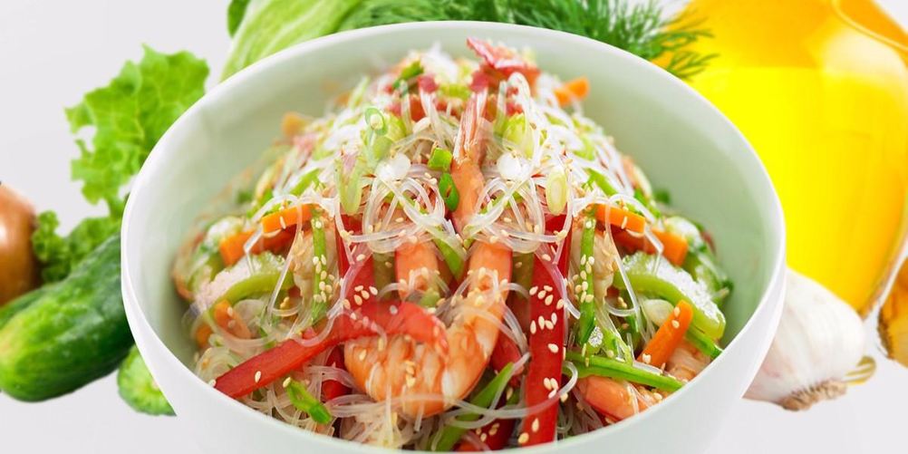 Как приготовить крахмальную лапшу с креветками