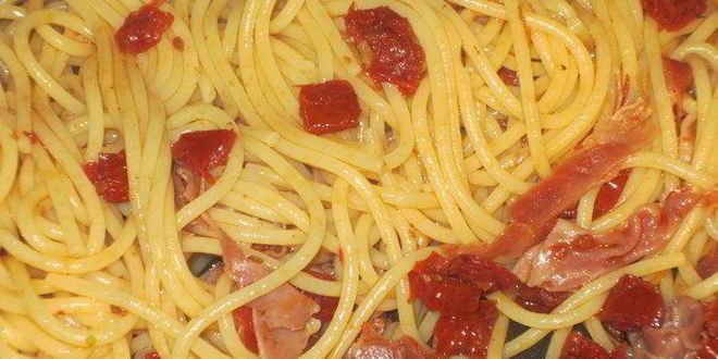 Рецепт спагетти с вялеными помидорами и окороком