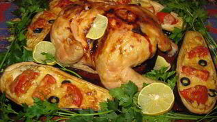Рецепт Цыпленка в лимонном соке с фаршированными баклажанами