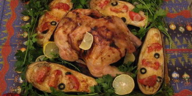 Рецепт цыпленка в лимонном соке с фаршированными баклажанами