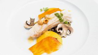 Рецепт Тюрбо с пеной из сладкого картофеля и фрикасе из шампиньонов