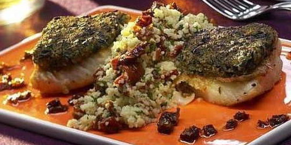Как приготовить палтуса в оливковом кляре с салатом из кускуса