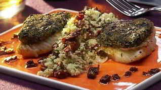 Рецепт Палтуса в оливковом кляре с салатом из кускуса