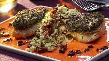 Рецепт Палтуса в оливковом кляре с салатом из кускуса