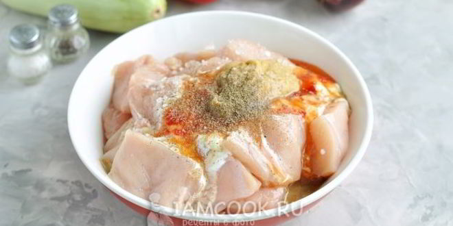 Рецепт шашлыка на кефире из куриного филе с овощами