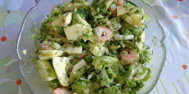 Рецепт летнего зеленого салата с креветками