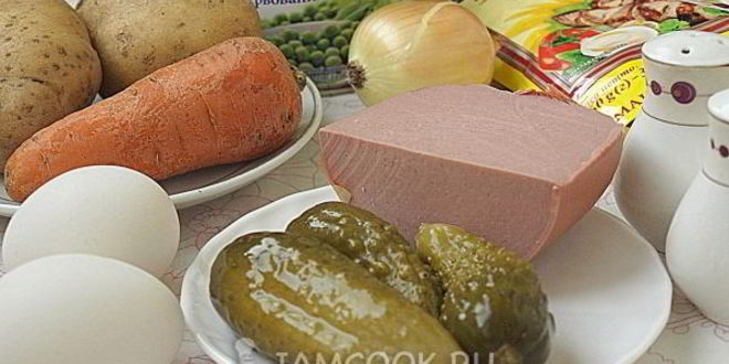 Рецепт салата оливье с колбасой и горошком