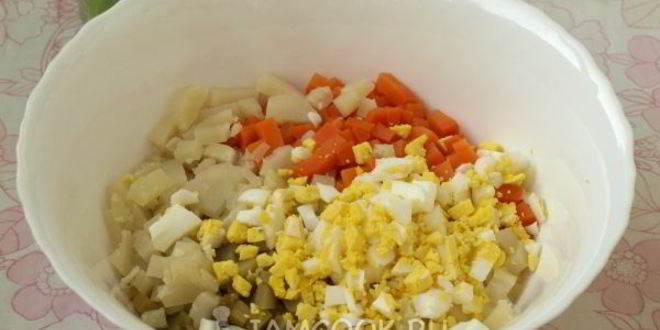 Рецепт салата оливье с колбасой и горошком