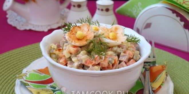 Рецепт салата оливье с колбасой и горошком