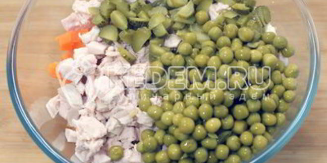 Рецепт салата оливье с курицей и икорной закуской
