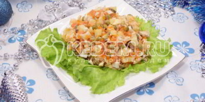 Рецепт салата оливье с курицей и икорной закуской