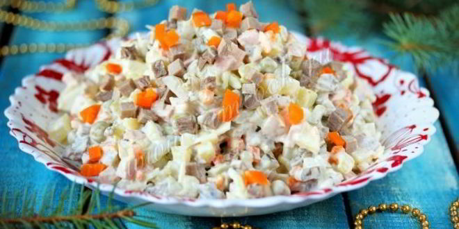 Рецепт салата оливье со свиным языком