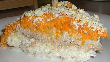 Рецепт Слоеного салата Мимоза с рыбой и рисом