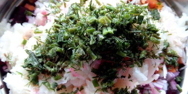 Рецепт винегрета с фасолью и жареным луком