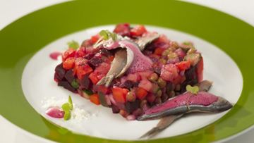 Рецепт Винегрета со свекольной пеной и оливковым песком
