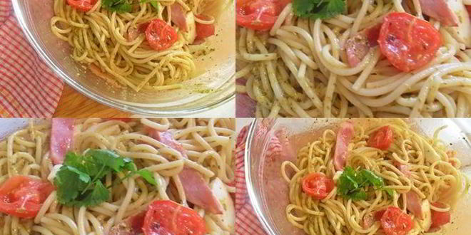 Рецепт спагетти с ветчиной, моцареллой под соусом песто