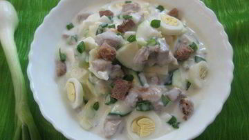 Рецепт Окрошки на кефире с овощами, перепелиными яйцами и мясом