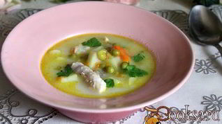 Рецепт Супа с зеленым горошком, манкой и плавленным сыром