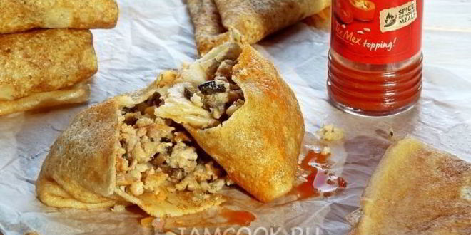 Рецепт блинов с мясом и грибами