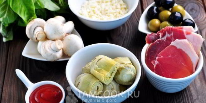 Рецепт пиццы с грибами, артишоками и оливками