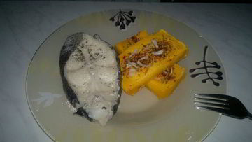 Рецепт Брускетты из тыквы с шалотом и отварной стейк из зубатки