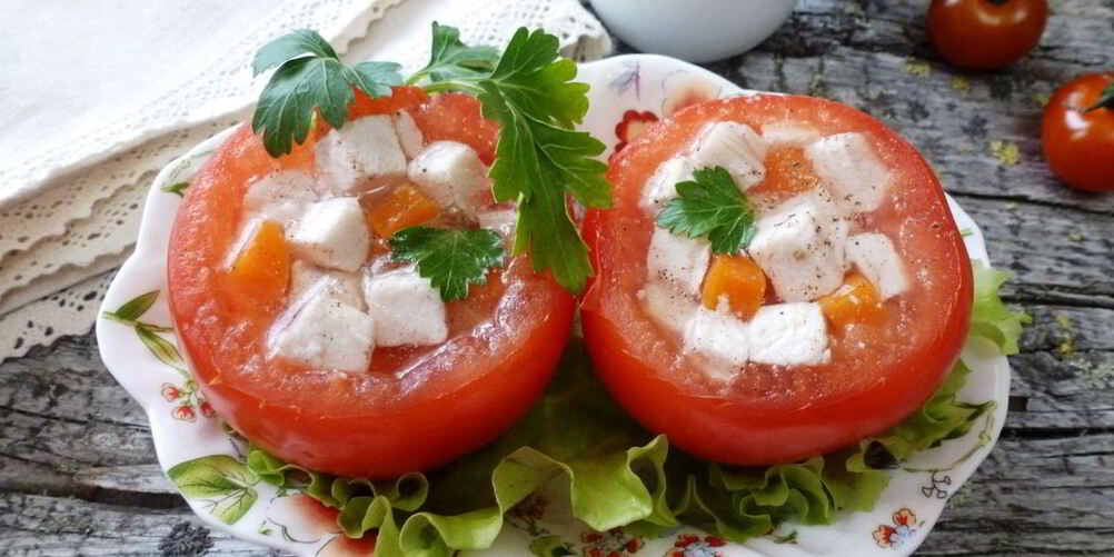 Как приготовить помидоры с заливным из курицы