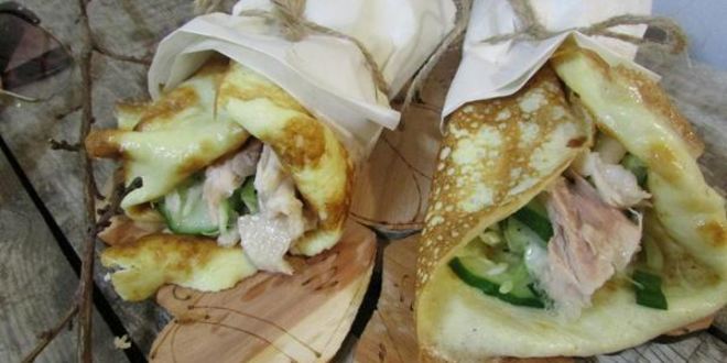 Рецепт роллов с яичных блинчиков с курицей и салатом