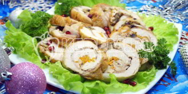 Рецепт куриного рулета с грибами праздничный