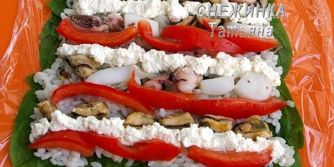 Рецепт рулета из шпината с рисом и морепродуктами