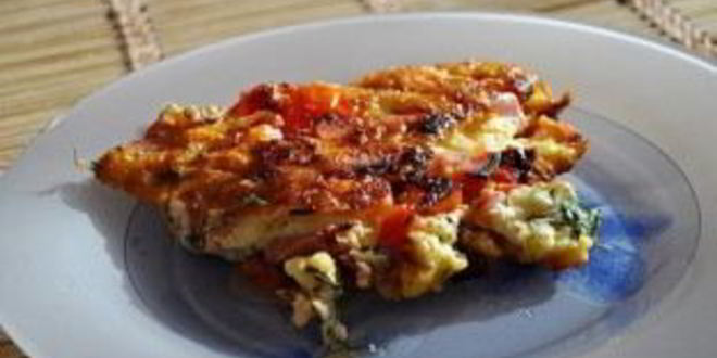 Рецепт яичницы с колбасой, помидорами и сыром